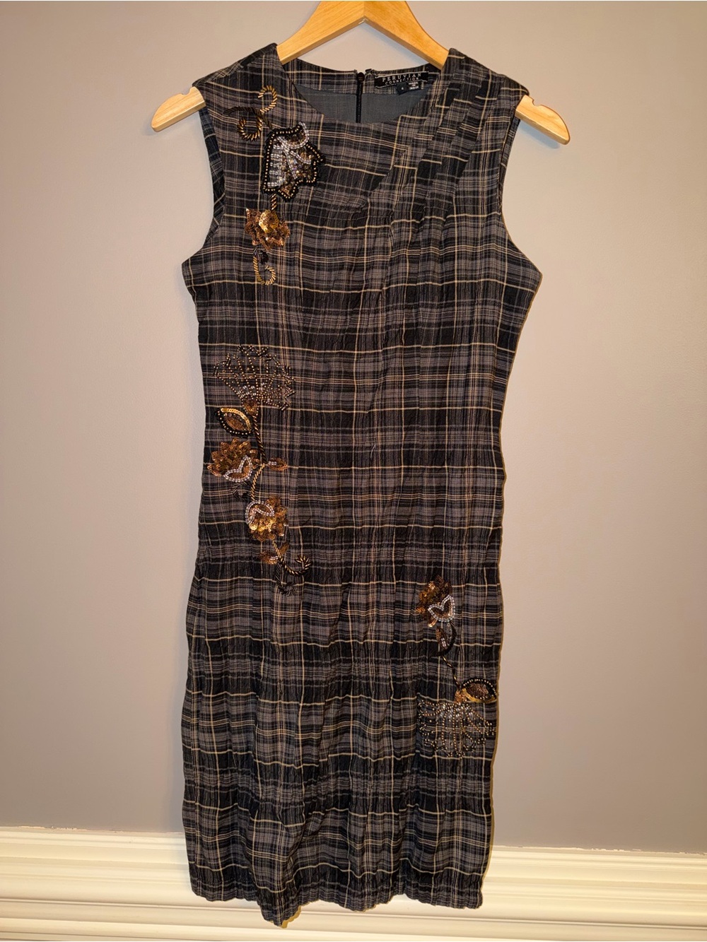 Peruvian Connection Black and Brown Plaid Midi Dress with Gold Embellishment
